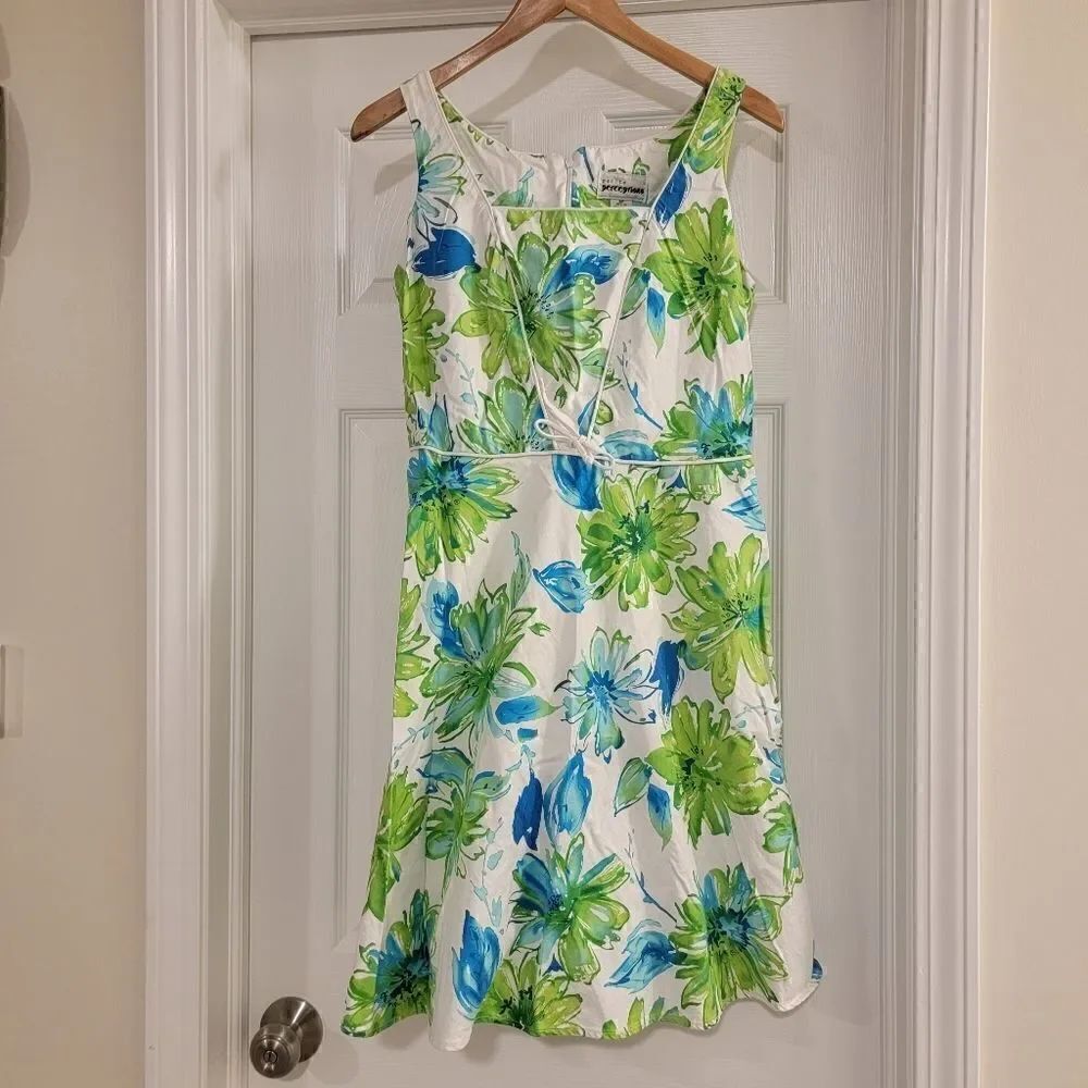 PERCEPTIONS Petite Blue Green Floral A-Line Dress Sz 8P